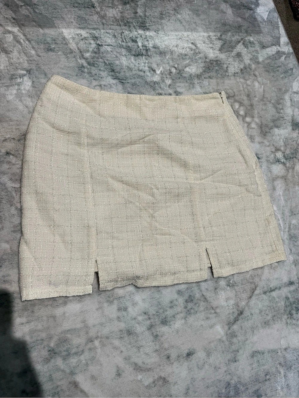 francesca's Angelica Double Slit Tweed Mini Skirt Cream XL